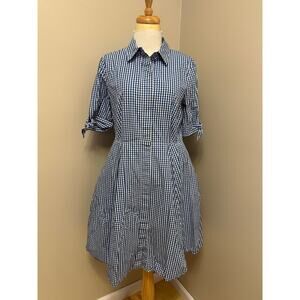 Calvin Klein 100% Cotton Blue Gingham Button Front Tie Detail Sleeve Dress Sz 10
